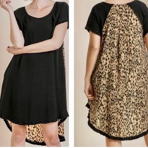 Umgee Womens Dress Black & Animal Print Festival Boho Raw‎ Edge Linen